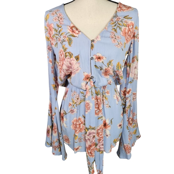 Billabong Pants - Billabong Floral Bell Sleeve Tie Front Shirts Romper, Blue/Floral, Small